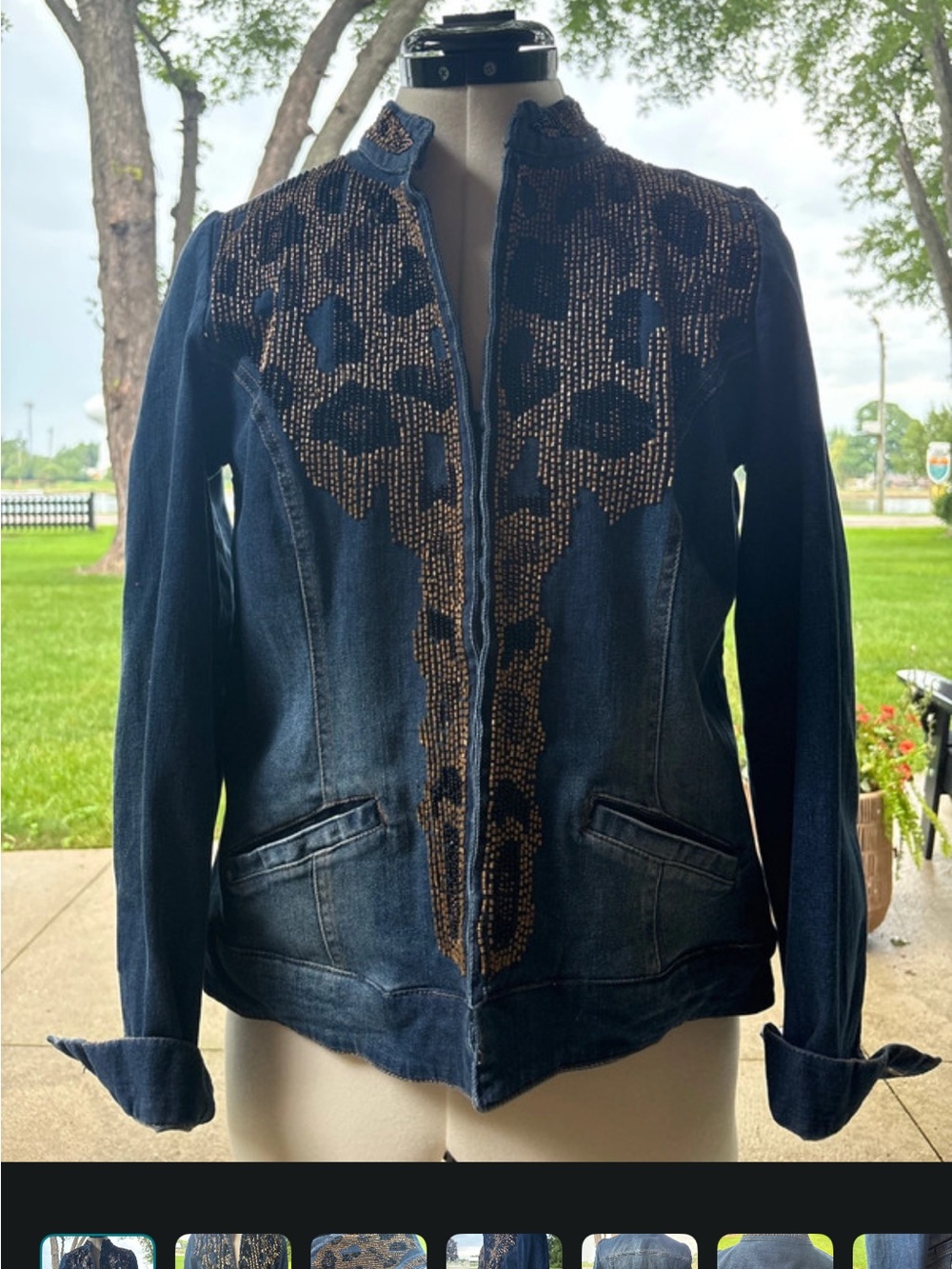 Chico’s Embellished Dark Blue Denim Jacket with Leopard Metallic Accents Sz 0